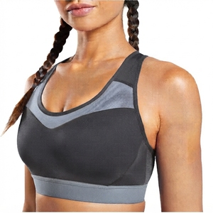 Soutien-gorge de sport pour femme noir et gris contrastant, dos nageur, col ras du cou, maintien moyen, avec empiècements en maille respirante, sans couture, pour le yoga - Product Image 1