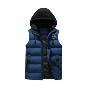 Hooded Puffer <b>Vests</b> <b>Black</b> Hood Front Zipper Custom Logo Print Insulated Sleeveless Jackets for Winter Outdoor Wear - Product Image 1