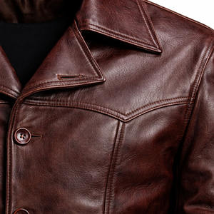 Chaqueta de cuero clásica para hombre, color marrón oscuro, con cuello de camisa, cierre de botones, estilo vintage, corte ajustado, ropa exterior premium, impermeable. - Product Image 2