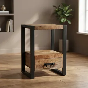 Mesa de Noche Industrial de Madera Rústica con un Cajón, Estante Abierto y Estructura de Hierro Negro - Product Image 5