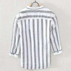 Camisas de Lino para Hombre, Cuello Mandarín, Casual, Holgadas, Manga Larga, a Rayas, Marca Privada, Tela de Lino Puro - Product Image 2