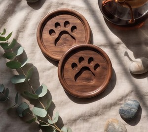 Wooden Round Coasters With Paw Print Design Non-Slip Mats Nordic Style For Coffee Tea <b>Table</b> Decoration by TIMELESS CRAFT - Product Image 1