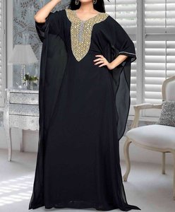 Abaya Negra Bordada de Poliéster, Larga hasta el Tobillo, Estilo Oriente Medio, Cuello Alto, Manga Larga, Elegante, para Fiestas y Eventos - Product Image 1