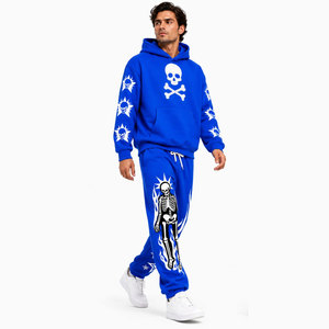 Chándal con Capucha Azul de Algodón para Hombre, Estampado de Calavera, Estilo Urbano, Informal, para Otoño, Transpirable, de Peso Medio - Product Image 3