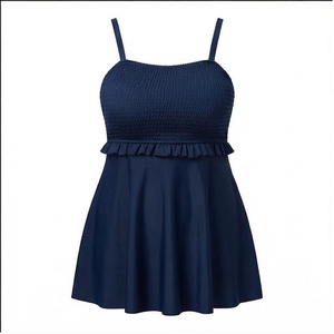 Women's Navy Blue One Piece <b>Swimdress</b> With Ruffles And Ribbed Bodice Spandex Polyester Stretch Beachwear - Product Image 1