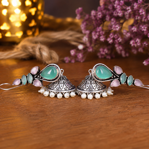 Oxidized <b>Silver</b>-Plated Cat Eye Stone Jhumka <b>Earring</b> for Women | Green Pink Gemstone <b>Dangle</b> <b>Earrings</b> | Indian Ethnic Boho Jewelry - Product Image 4