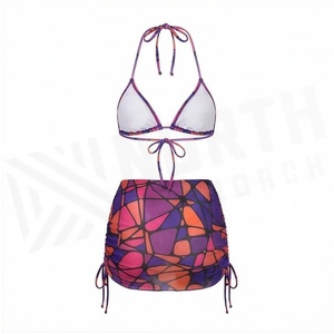 Ensemble bikini 2 pièces à imprimé géométrique pour femmes, haut à col licou avec bas en jupe, maillot de bain extensible - Product Image 2