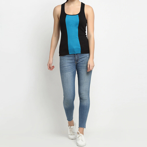 Débardeur femme color block col rond tricoté décontracté noir bleu Spandex Polyester - Product Image 1