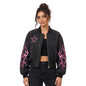 Blouson bomber oversize noir et rose pour femme, 100% polyester, épaules tombantes, fermeture éclair intégrale, confortable - Product Image 1