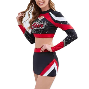 Cheerleading Uniform Set Long Sleeve <b>Crop</b> <b>Top</b> <b>With</b> <b>Rhinestone</b> Logo Black Red White Adult Teamwear - Product Image 1