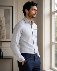 Chemise décontractée blanche pour homme Khawaja Rafique Ullah Enterprises, manches longues, col montant, infroissable, satinée, transfert thermique - Product Image 4