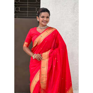 ผ้าไหมมาลาลักมี ปัญธนี ซิลค์ ซารี ลายทอสีแดง ประดับด้วยดิ้นทอง น้ำหนัก 650 กรัม เสื้อผ้าอินเดียและปากีสถาน - Product Image 4