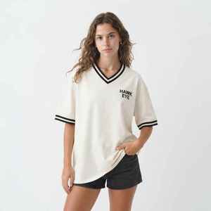T-shirt ample blanc à col en V pour femme, manches courtes, en jersey de coton, imprimé logo, coupe décontractée, printemps-été - Product Image 1