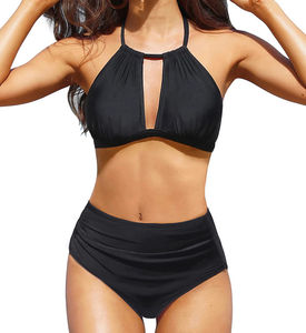 Conjunto de bikini de 2 piezas para mujer, traje de baño con cuello en V, volantes, control de abdomen y braga de cintura alta. - Product Image 1