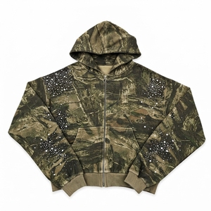 Men's Street Wear Custom Design Heavyweight Embroidered Vintage Acid Wash Thick Cotton Sized Distressed Rhinestone Zip Hoodie - Product Image 1