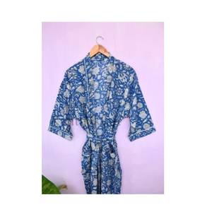 Peignoir en tissu 100% coton imprimé bloc à la main avec cordon de serrage Peignoirs de bain toutes saisons - Product Image 2