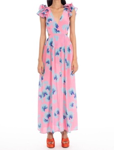 Robe longue d'été rose en mousseline de coton à motif floral, col en V profond, sans manches, taille naturelle, coupe droite, avec poches - Product Image 6