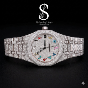 Reloj de Moda Hip Hop Unisex de Lujo con Esfera de Cristal, Movimiento de Cuarzo, Totalmente Cubierto de Diamantes de Color, Plata de Ley 925, Claridad VVS - Product Image 1