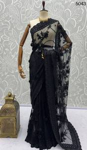 Sari de Seda Negro Bordado con Blusa de Encaje, Elegante Vestido Largo para Bodas Indias, Corte Regular para Mujer, Todas las Temporadas - Product Image 4