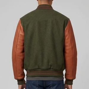 Chaqueta Varsity Verde Oliva Personalizada de Alta Calidad para Hombre, con Mangas de Cuero Marrón y Cuello Acanalado, Estilo Casual para Otoño - Product Image 2