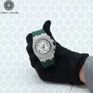 Charm_Jewells Luxury Men's Stainless Steel Watch 43mm Diamond Bezel Analog Quartz <b>Chronograph</b> Green Silicone Band - Product Image 4
