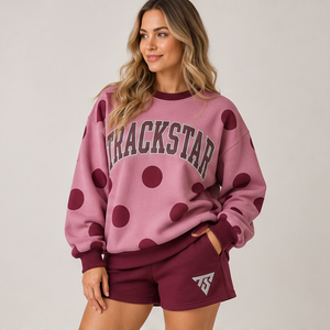 Conjunto Deportivo Casual Personalizado de 2 Piezas para Mujer, con Cuello Redondo y Estampado de Puntos Grandes en Color Rosa Polvoriento - Product Image 4