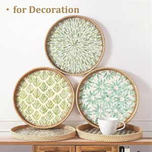 Rattan Tray with Mother of Pearl Inlay Round Wicker Serving <b>Basket</b> for Bread Fruit Coffee Decorative <b>Display</b> Tray - Product Image 3