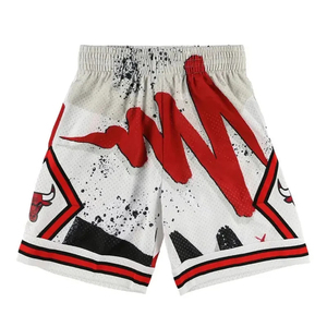 Shorts de basketball pour hommes, blanc, rouge, noir, imprimé géométrique, taille haute élastique, fermeture à cordon, séchage rapide, respirant, en toile - Product Image 2