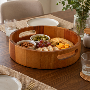 Plateau de service rond en bois de qualité supérieure avec poignées découpées |   Plateau rustique en acacia pour le petit-déjeuner, décoration pour la maison, l'hôtel et le restaurant - Product Image 3