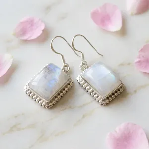 Boucles d'oreilles pendantes en argent sterling 925 avec pierre de lune arc-en-ciel, bijoux indiens faits à la main, cabochon carré, accessoires vintage pour femmes - Product Image 3