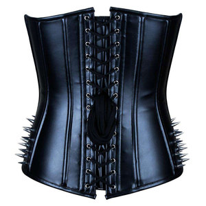 Salva Leather Women's <b>Black</b> 100% Leather <b>Corset</b> Casual Style Waterproof V-neck Zipper Closure Strapless Outerwear with Spikes - Product Image 5