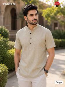 High Quality Khadi Linen with Solid & Half Sleeve Mandarin Collar & Side Slit <b>Man's</b> Short <b>Kurta</b> Collection Supplier from Surat - Product Image 3