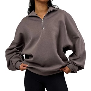 Sudadera de forro polar extragrande para mujer con cremallera de un cuarto, color liso, hombros caídos, manga larga, cuello alto, transpirable, para otoño - Product Image 2