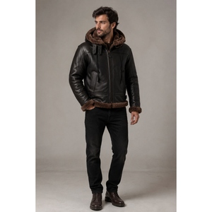 Custom Men's B3 <b>Shearling</b> Sheepskin Leather Eco-Friendly Windproof Cozy Sherpa Fur Lined Hooded Winter <b>Bomber</b> Flight <b>Jacket</b> - Product Image 5