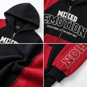 Sweat à capuche zippé pour homme Mixed Emotion, noir et rouge, manches raglan, streetwear, poche, polaire respirant, coupe régulière, automne - Product Image 6
