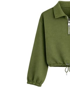 Sweat-shirt court zippé vert olive personnalisé pour femme, pull décontracté avec cordon de serrage à l'ourlet, en molleton doux coton-polyester, haut d'hiver - Product Image 2