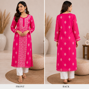 Kurti indien tendance en georgette Chikankari - Robe longue ethnique rose à fleurs brodées pour femmes - Product Image 3