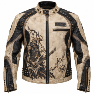 Real Cowhide Leather Motorcycle Jacket Mens Two Tone Beige Black <b>Studded</b> Punk Rock Dragon Skeleton Print Customized Rider Coats - Product Image 1