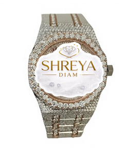 Reloj de Lujo Elegante de Dos Tonos en Oro Rosa con Esfera Árabe de 40 mm, Acero Inoxidable, Cristal Analógico, Completamente Adornado con Diamantes Moissanite, Mecánico, Poligonal - Product Image 1