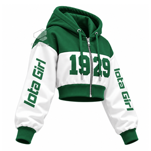 Sudadera con capucha corta con cremallera y bloques de color para mujer Iota Phi Lambda, de manga larga, con letras griegas bordadas, estilo universitario - Product Image 2