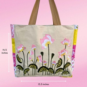 Embroidered Lotus Flower Cotton <b>Canvas</b> <b>Tote</b> Bag Zipper Closure Long Handles 15.5x14.5 Inches Lady Style Daily Use Shopping Bag - Product Image 1