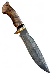 Cuchillo de caza hecho a mano de acero de Damasco con hoja de punta clip, guardacuchillo de latón y mango de madera estabilizada - Product Image 4