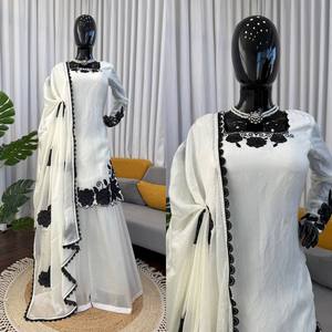 Ensemble Kurti brodé de fleurs blanches, Kurta en soie et pantalon Farshi avec dupatta pour les femmes, pour les fêtes de mariage - Product Image 4