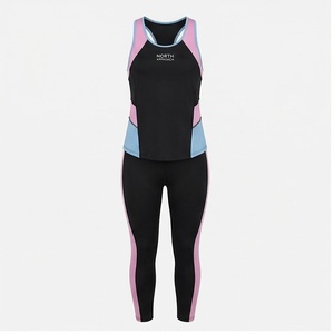North Approach 2 Piece Yoga Set Black Pink Blue Contrast Color Blocking Racerback Tank <b>Top</b> Full Length Leggings <b>Sweat</b> Wicking - Product Image 1