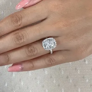 Moissanite Engagement <b>Ring</b> 925 Sterling Silver Cushion Cut Halo <b>Ring</b> Split Shank Wedding <b>Ring</b> for Women - Product Image 5