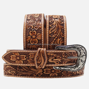 Ceinture en cuir pleine fleur de qualité supérieure, style western, sculptée à la main, motif feuille de cowboy, avec boucle en laiton à motifs floraux épais, toutes tailles - Product Image 2