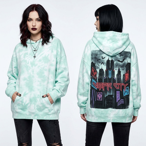 Custom Mint Green Acid Wash Hoodie Women Cyber Neon City Skyline Graphic Print Oversized Streetwear Fleece Pullover Top - Product Image 1