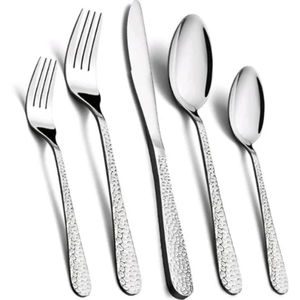 Juego de cubiertos modernos de acero inoxidable con acabado plateado martillado, juego de cubiertos con pulido espejo para uso en el hogar, hoteles y restaurantes, al mejor precio. - Product Image 1