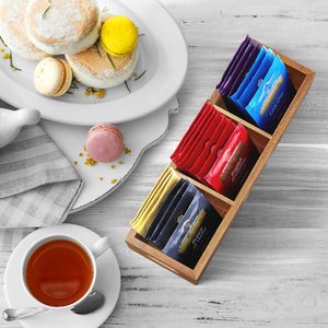 Boîte de rangement pour sachets de thé en bois d'acacia blanchi moderne, finition polie, poignées personnalisées, 3 compartiments multifonctions, cuisine en bois - Product Image 4