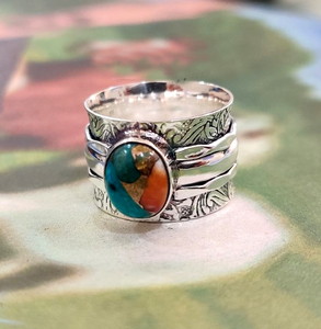 Natural Turquoise <b>Spinner</b> <b>Ring</b> 925 <b>Sterling</b> <b>Silver</b> Handmade Rotating Fidget <b>Ring</b> Vintage Multi Band Blue Gemstone <b>Ring</b> - Product Image 4